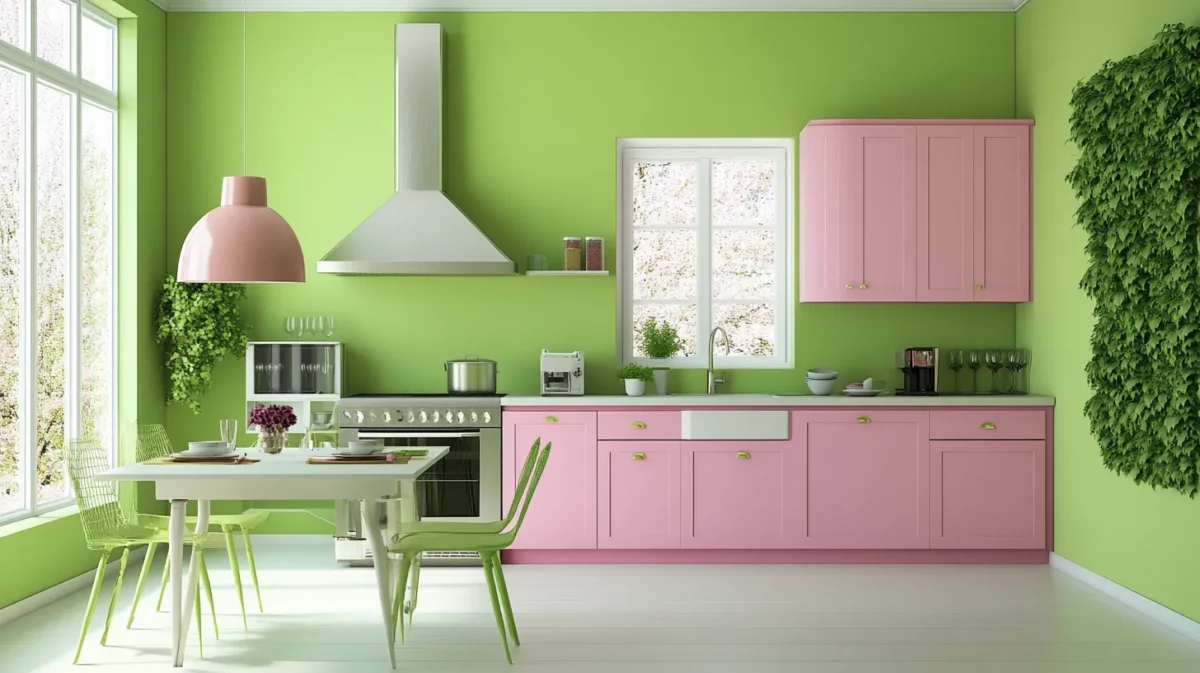 olive green and pink colour combination for kitchen