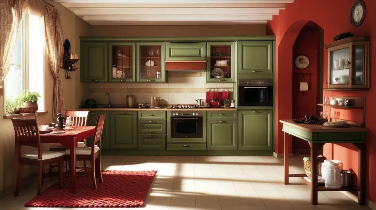 olive green and red colours for the kitchen