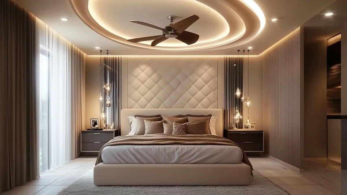 pop design for master bedroom ceiling with fan and lights