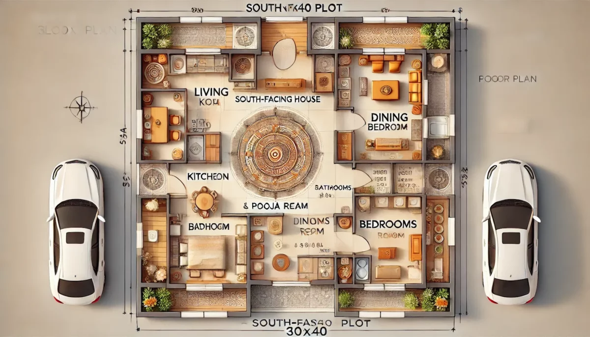 south facing house vastu plan for a 30x40 plot with pooja room