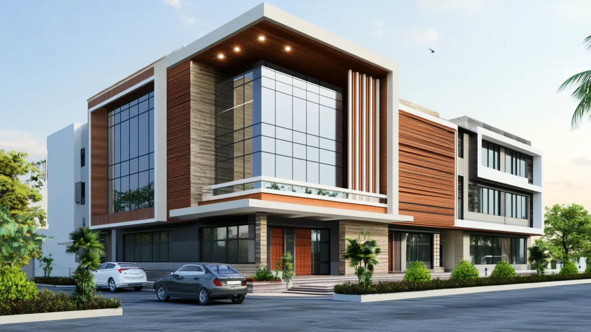 wooden louver front elevation design for commercial building