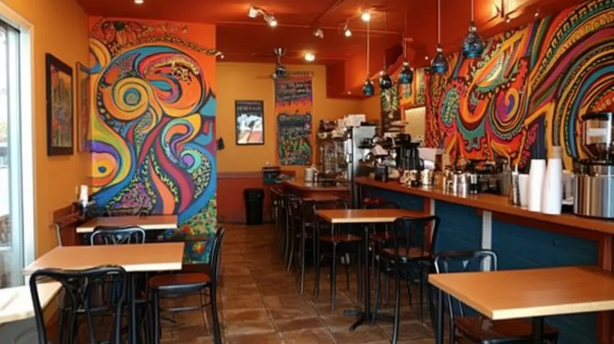 accent walls with mural art interior design for small cafe