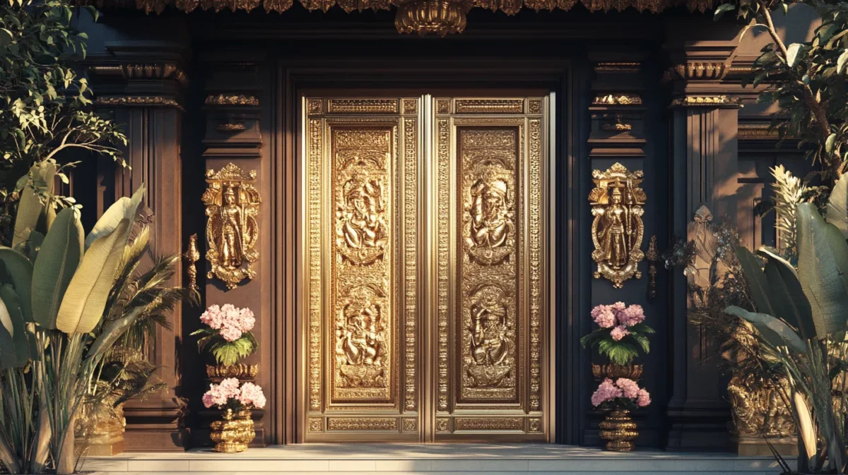 brass plated pooja room door design for indian homes