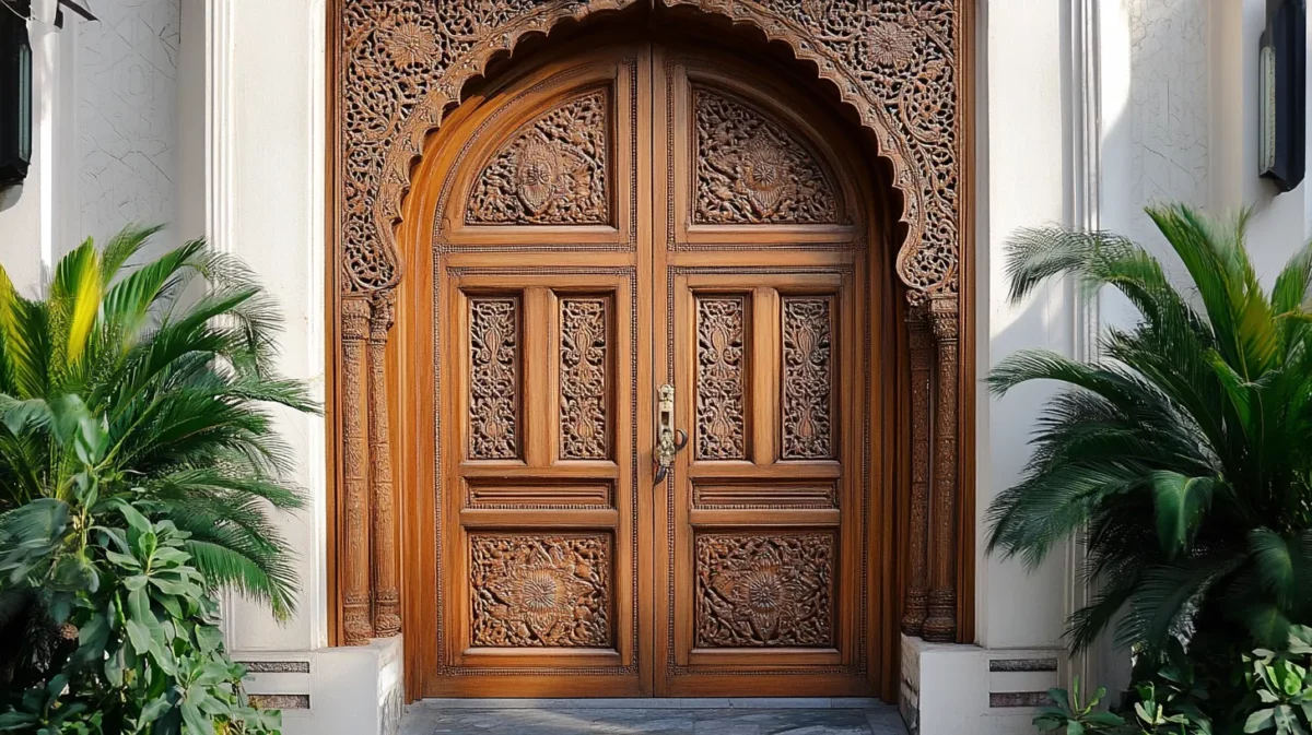 carved arch wooden pooja room door design