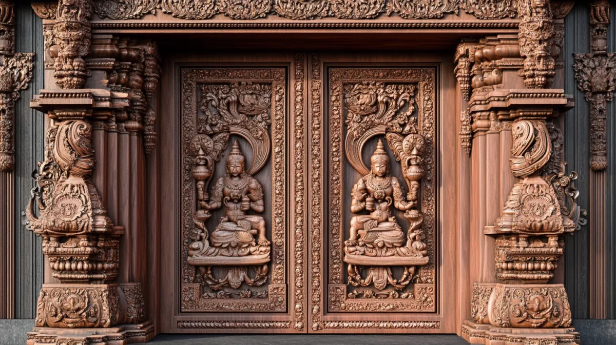 carved pooja room double door design