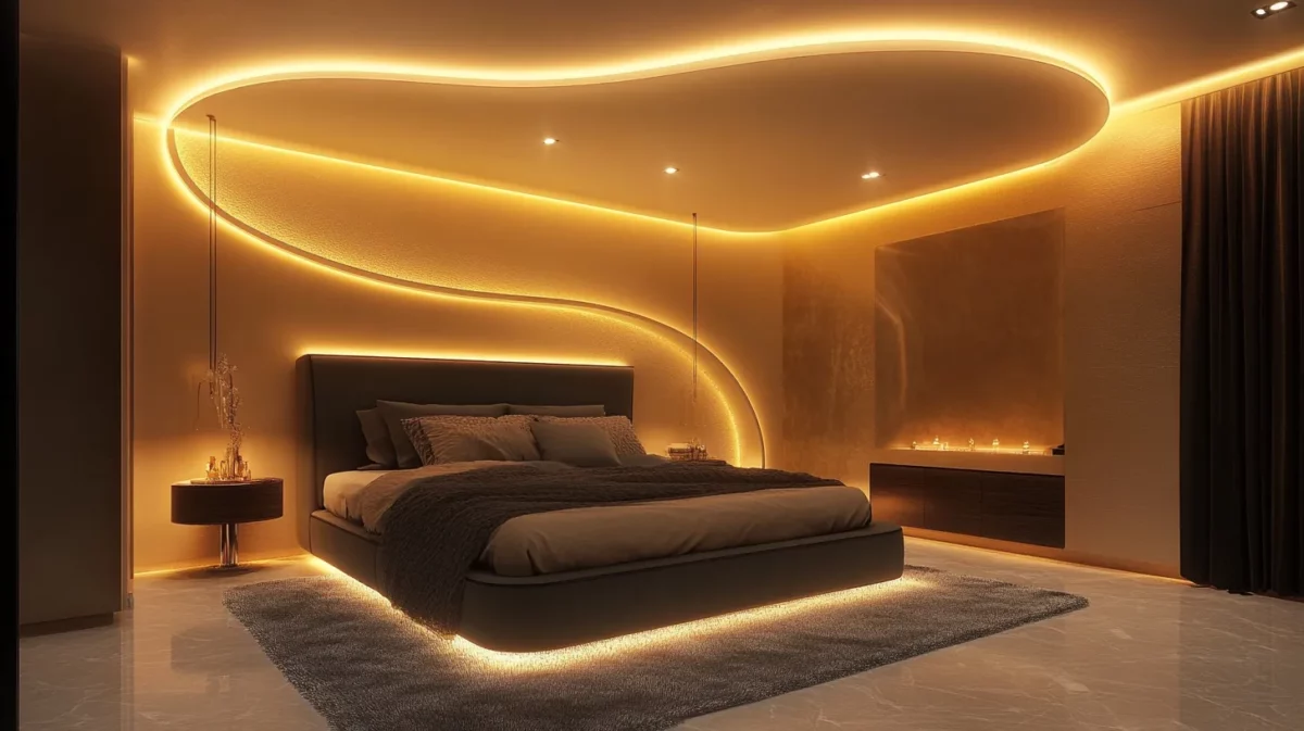 curved luxury bedroom with ceiling with led lights