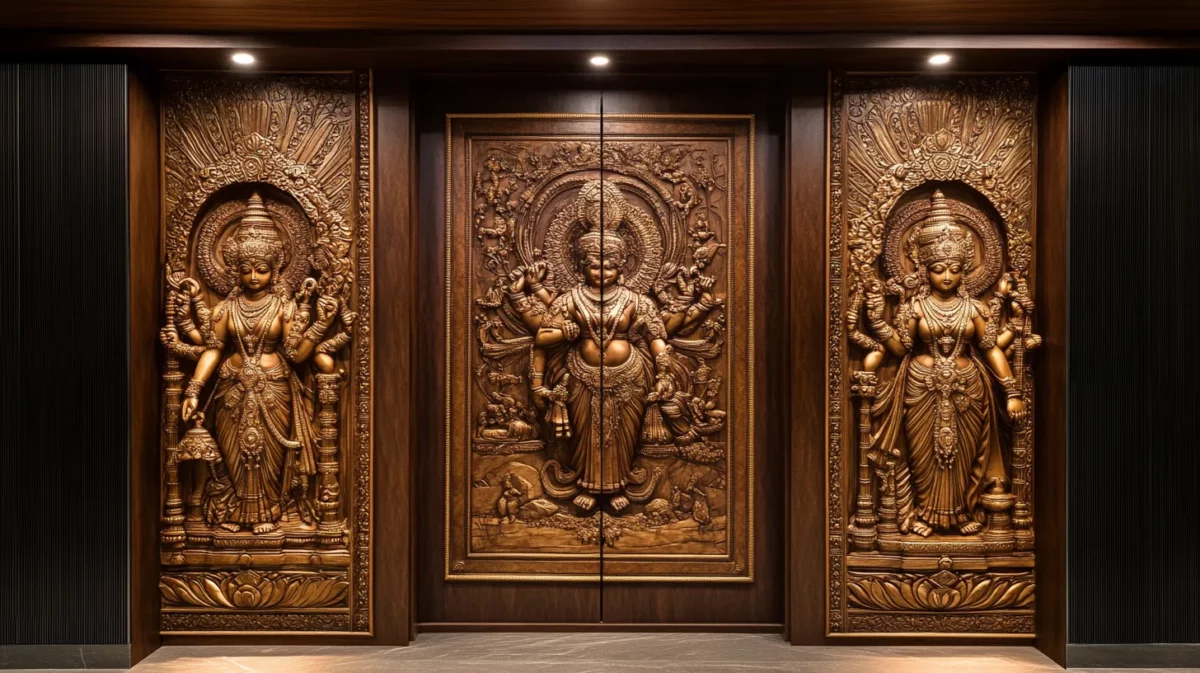 engraved plywood door for pooja room with deity imagery