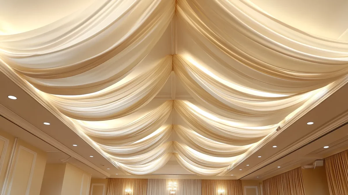 fabric main hall fall ceiling design with soft lighting