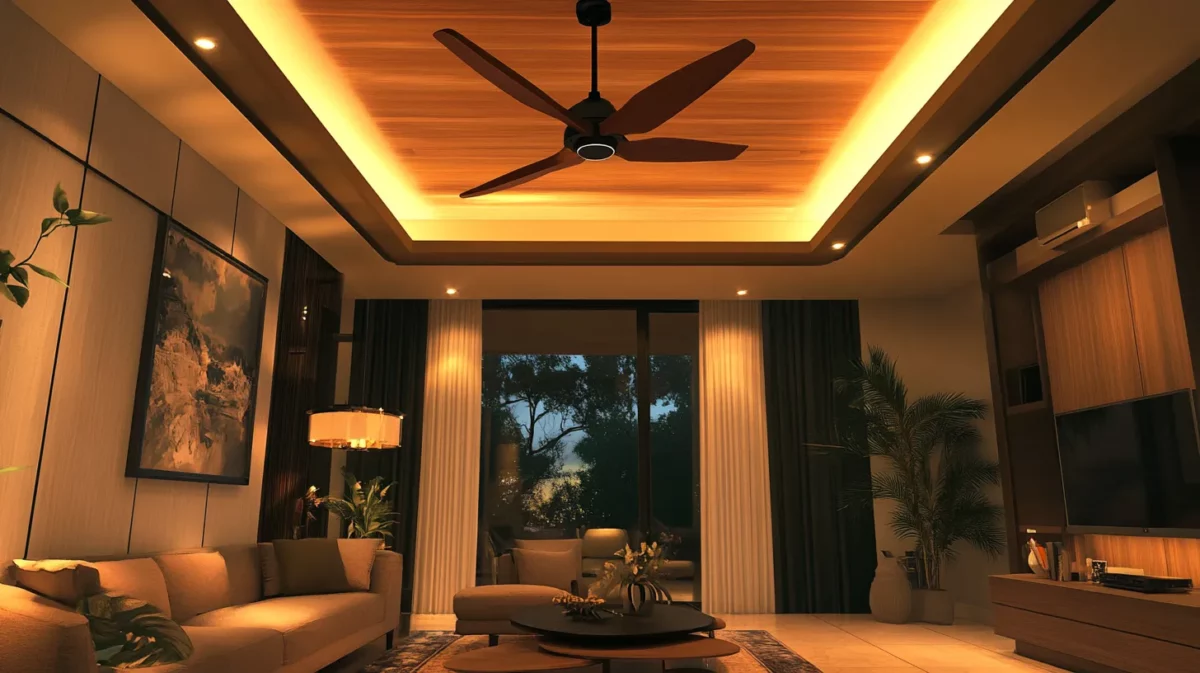 floating island hall fall ceiling design with 2 fan