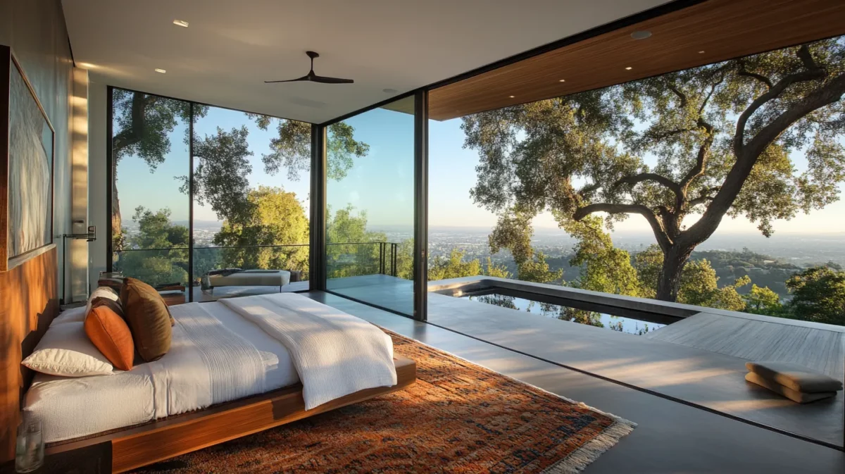 floor to ceiling glass window interior design for luxury bedroom