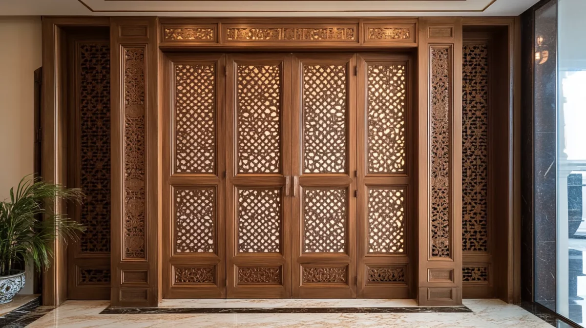 foldable wooden pooja room door with jaali patterns