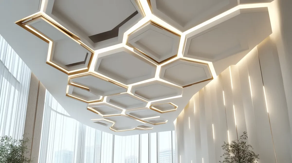 geometric hall fall ceiling design with led strip