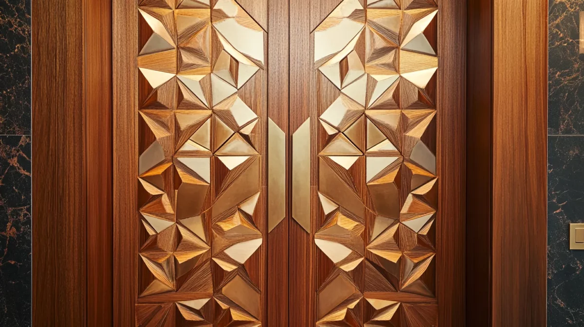 geometric patterned teak door with metallic accents