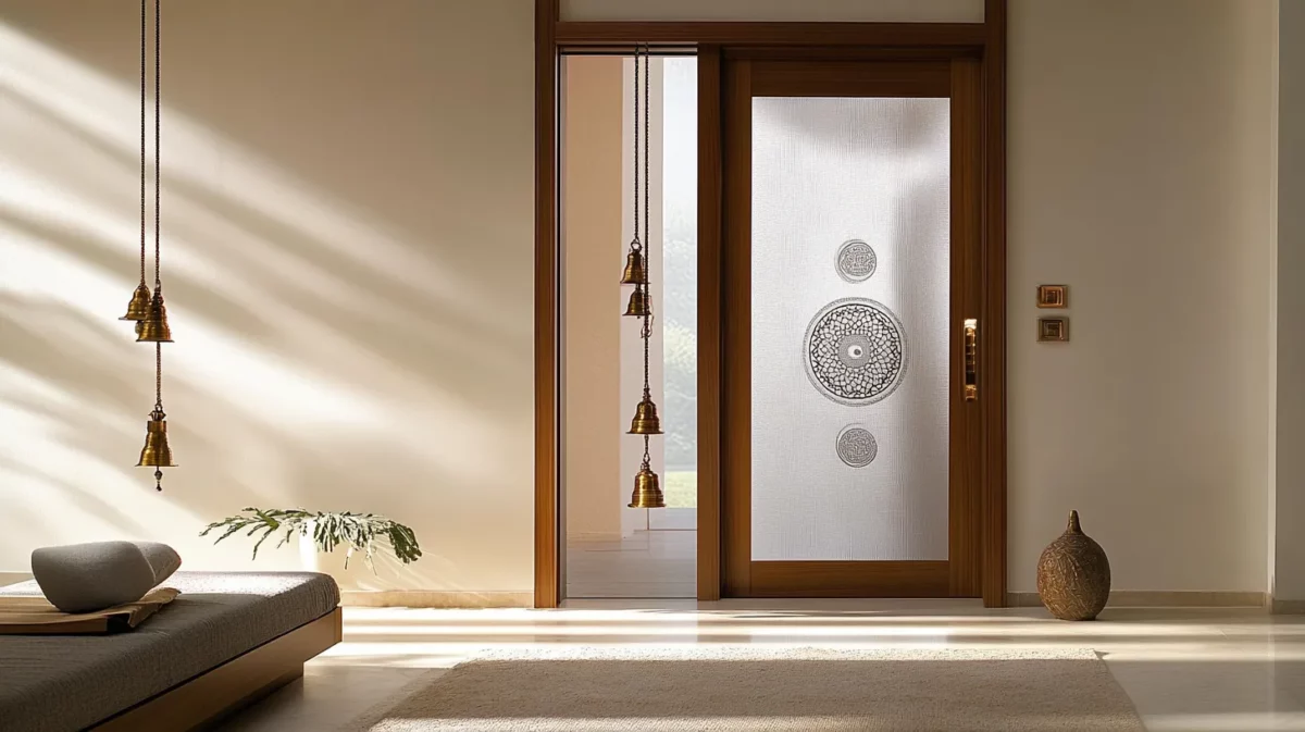 glass and wood fusion door for pooja room with bell accents