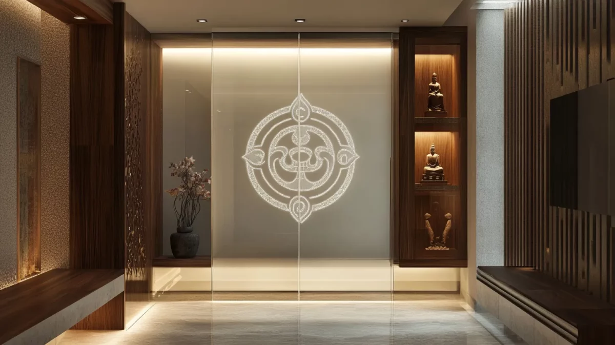 glass sliding door for pooja room with divine symbolism