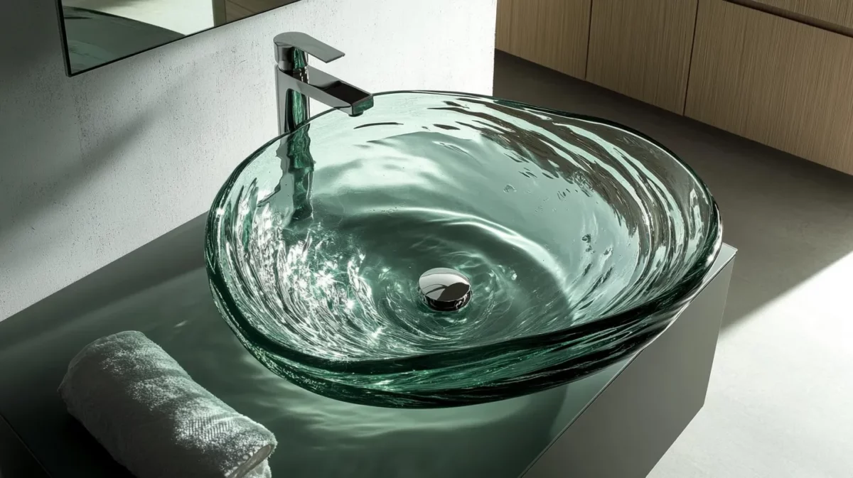 glass wash basin with metal cabinet design for hall