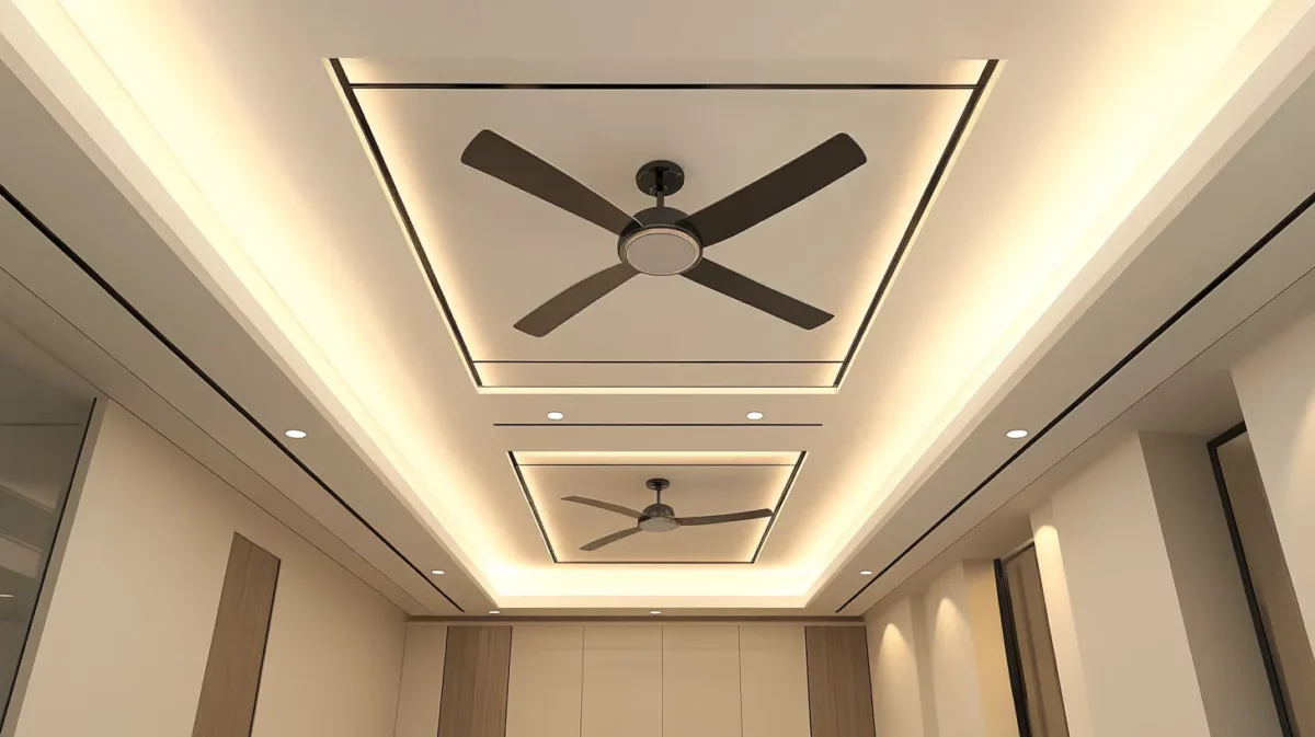 grid matrix with 2 fan focal points hall fall ceiling design