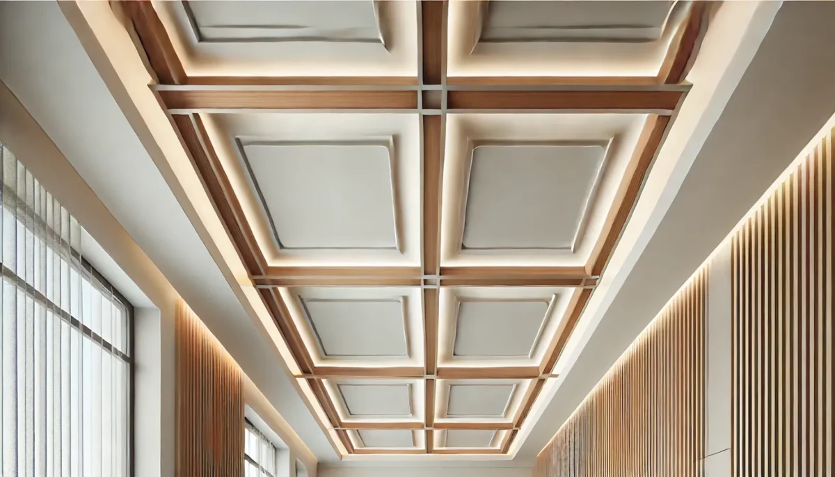 grid pattern modern hall fall ceiling with wood accents