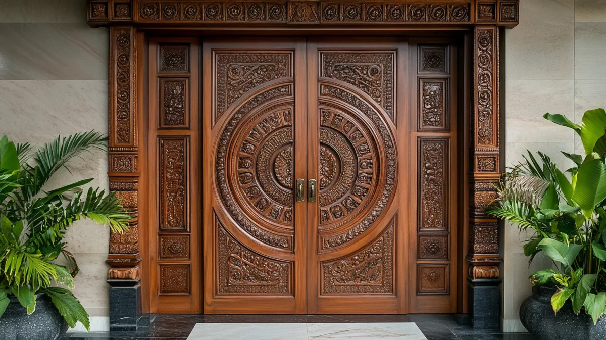 heritage style wooden door for pooja room with mandalas