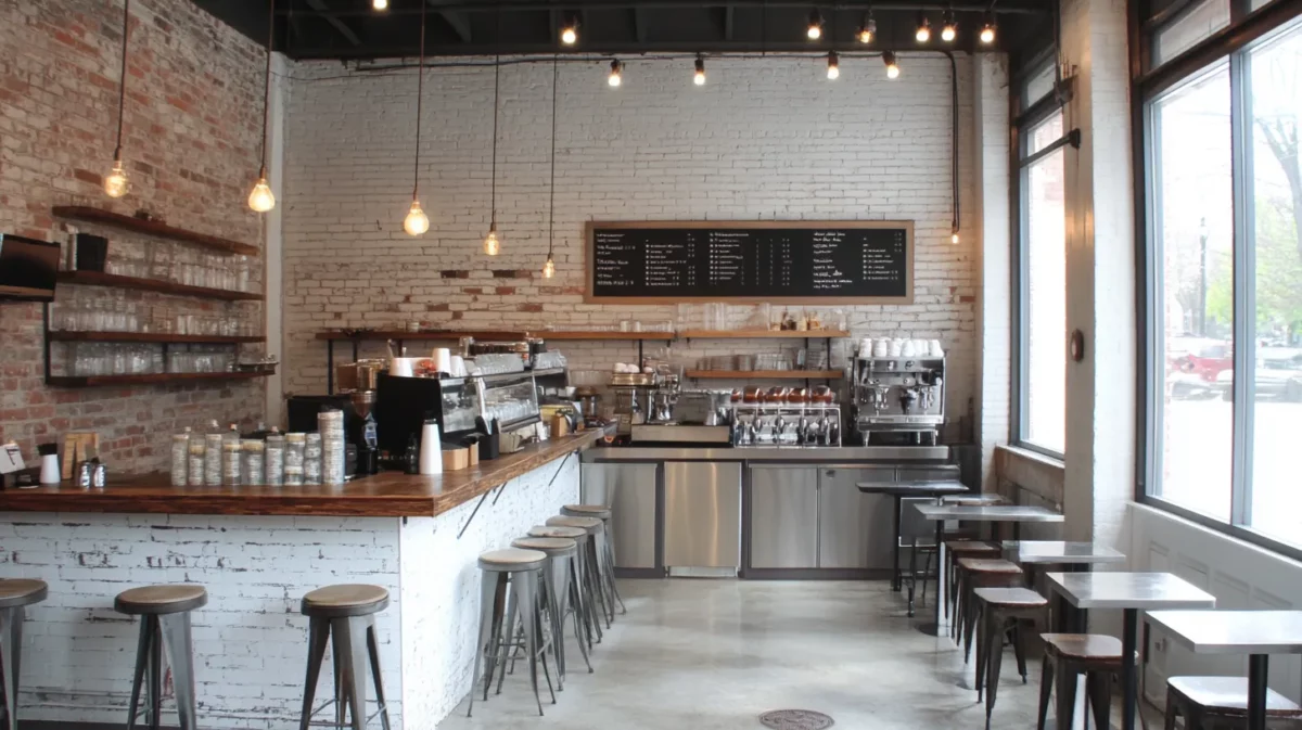 industrial minimalist corner coffee shop design