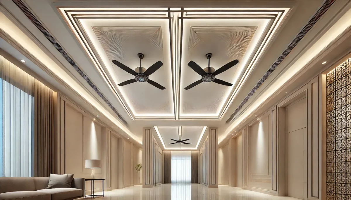 linear pattern hall fall ceiling design with 2 fans