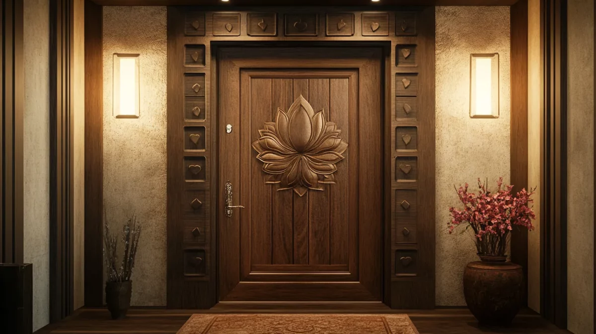 lotus inspired wooden pooja room door design