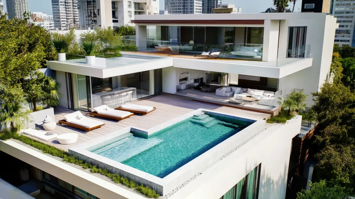 luxury modern roof garden with infinity pools or tubs