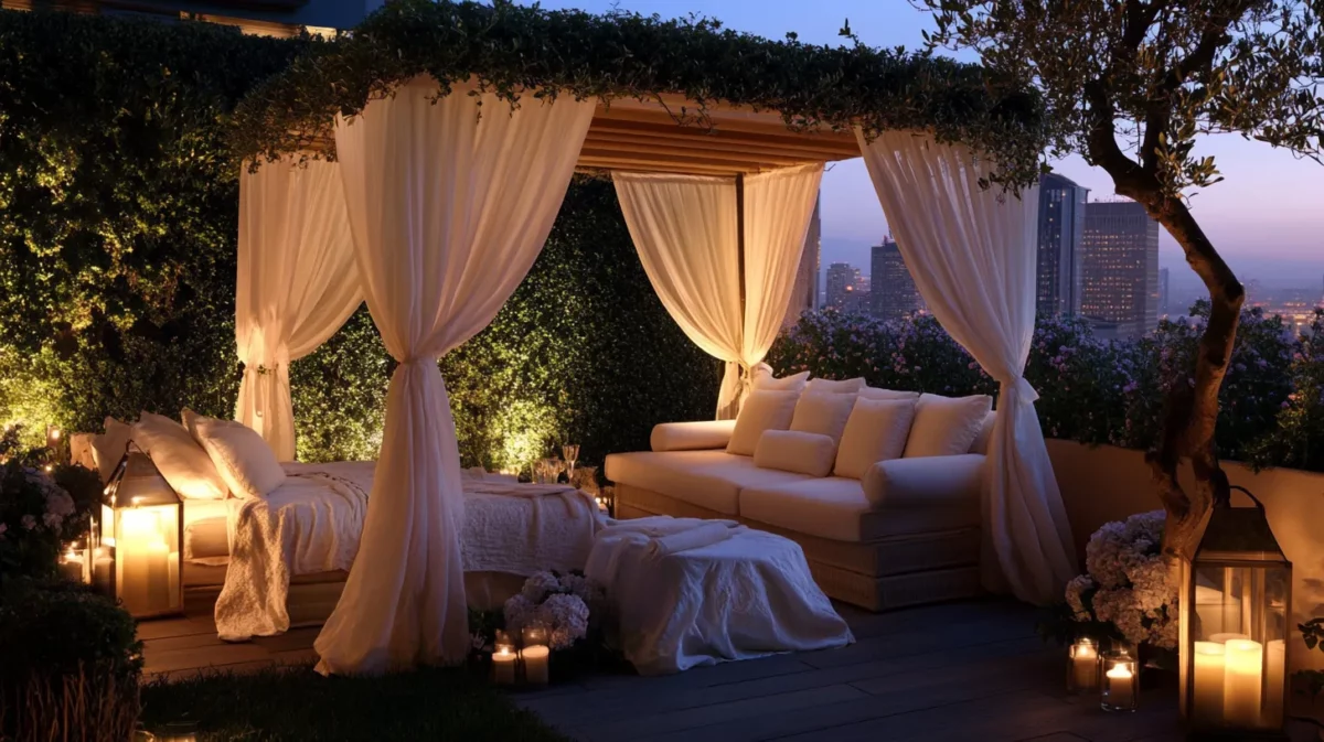 luxury modern rooftop garden with cabanas and canopy lounges