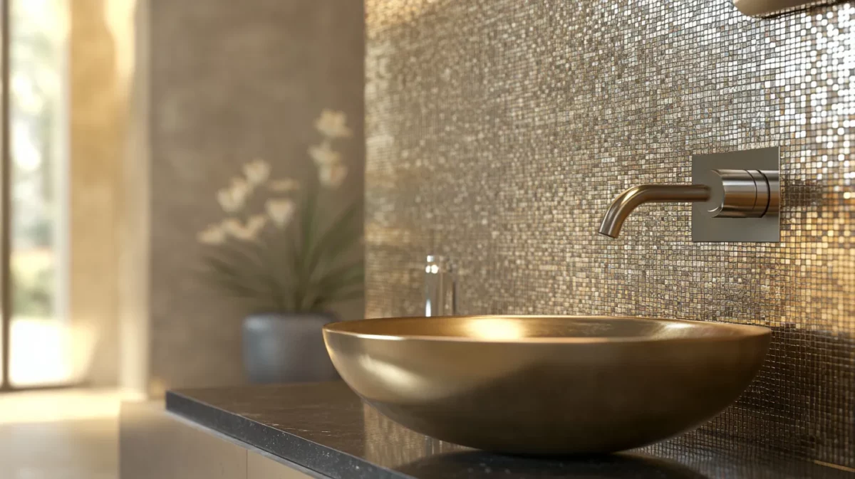 metallic tiles for a sleek hall wash basin