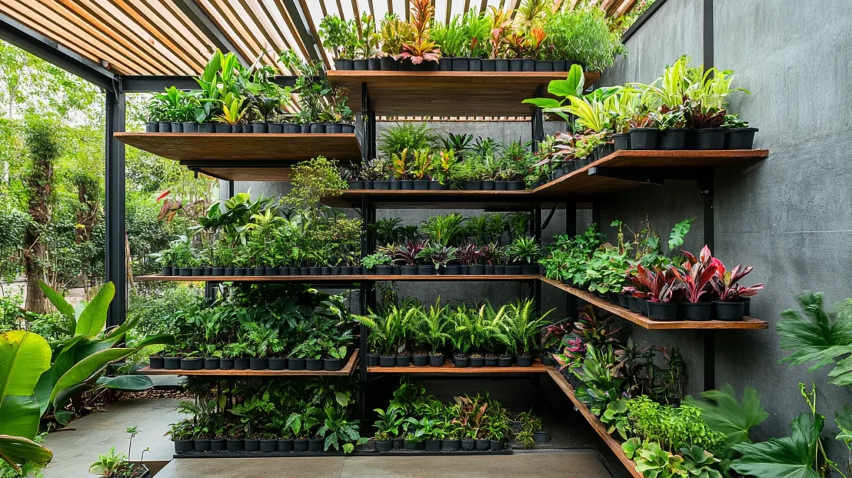 multi tier planter shelves rooftop garden design idea