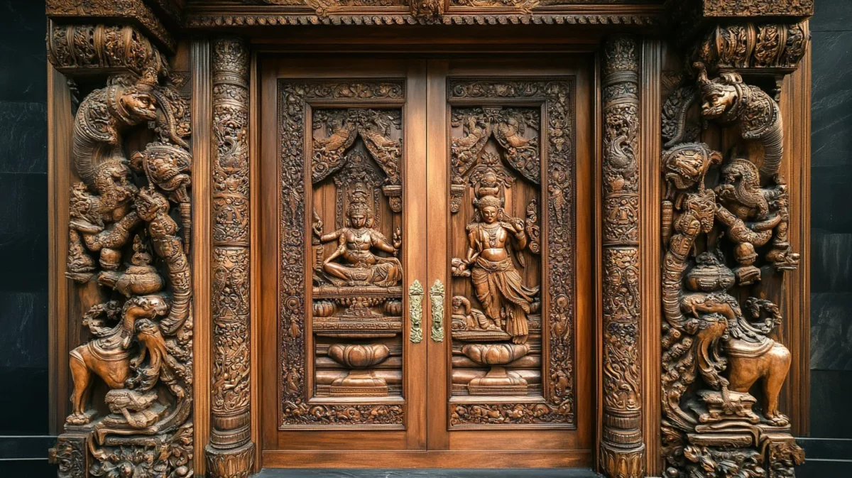 ornate teak door for pooja room with mythological carvings