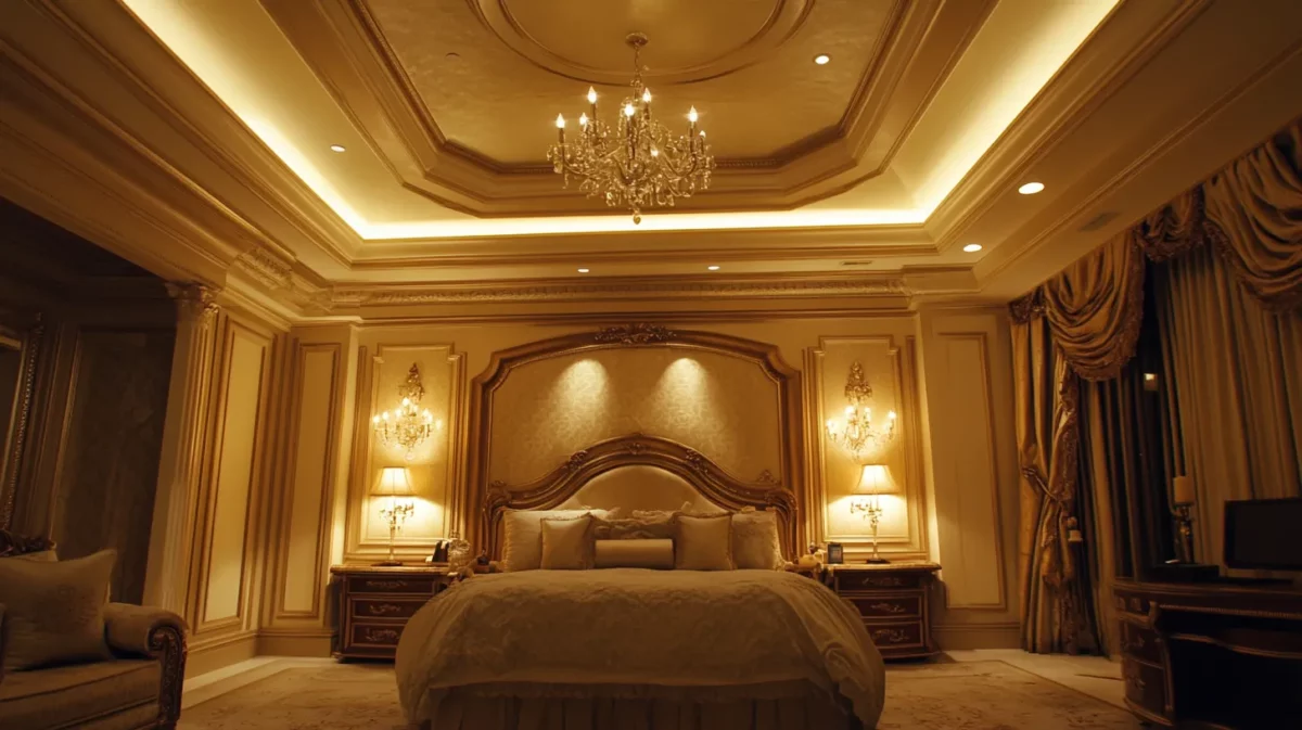 ornate tray ceiling with lighting bedroom interior design