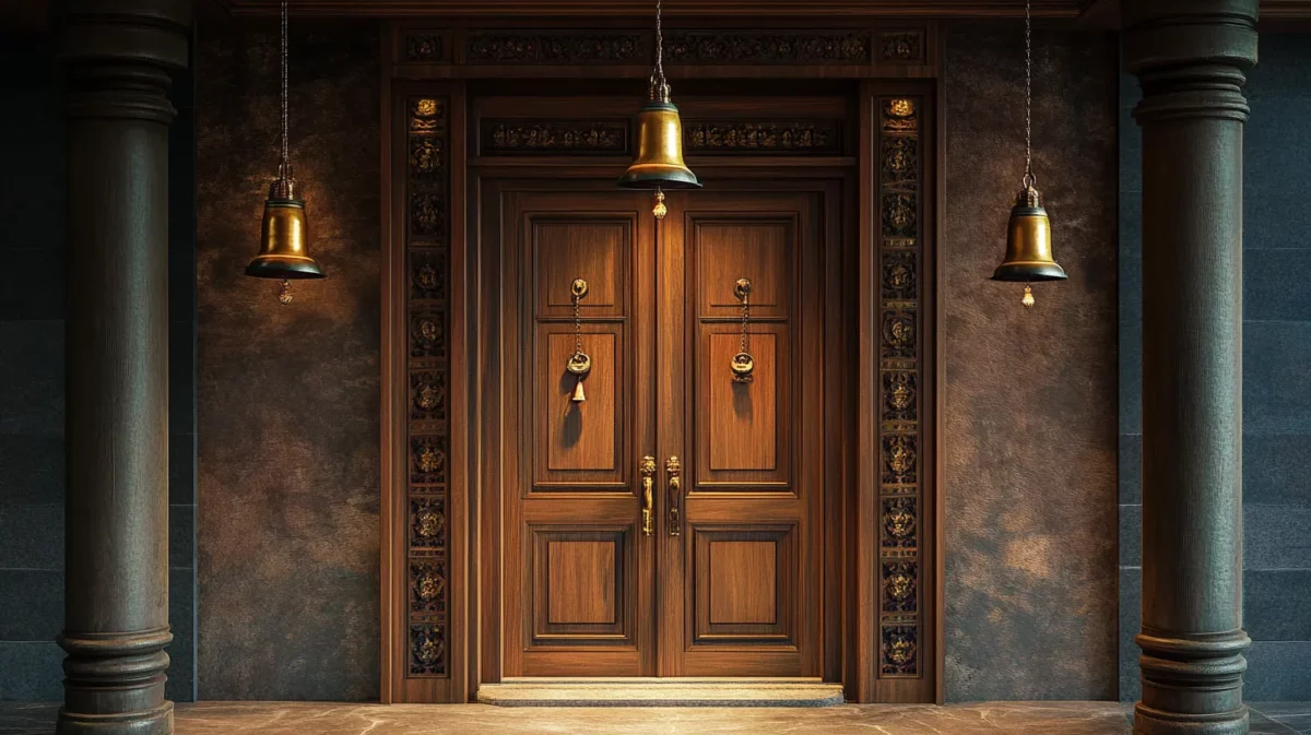 paneled wooden door with hanging bell accents