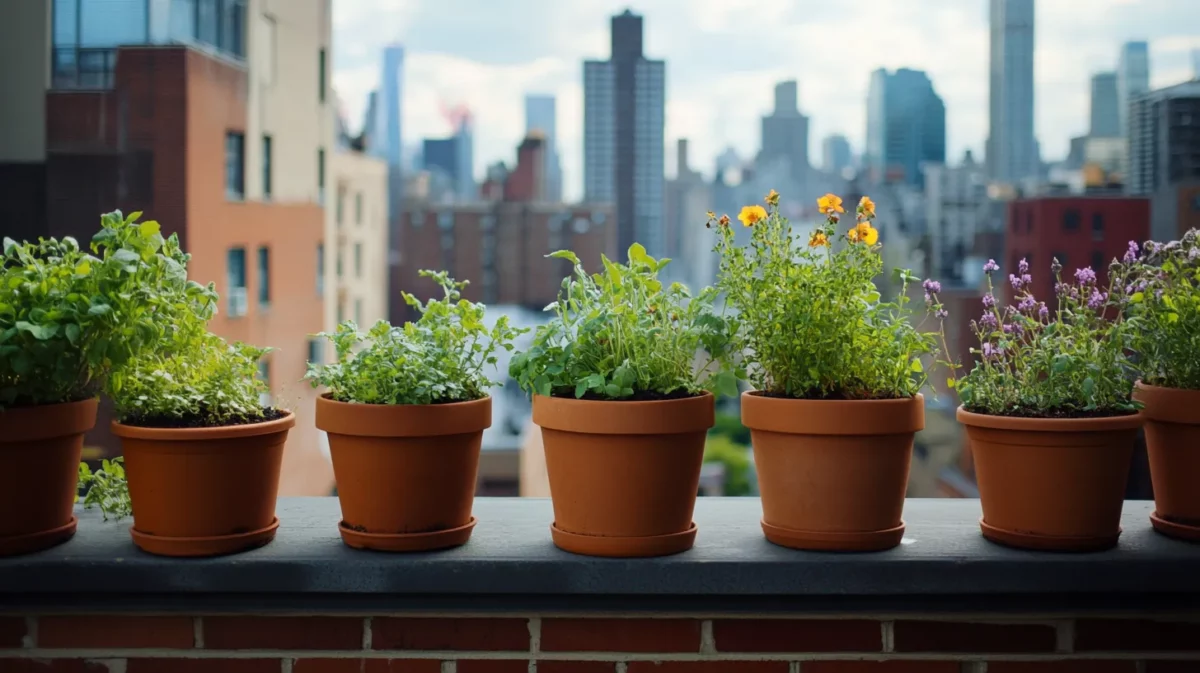 railing planters and corner rooftop garden design idea