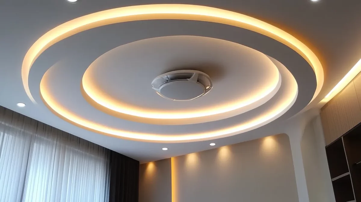 recessed simple main hall fall ceiling with central fan