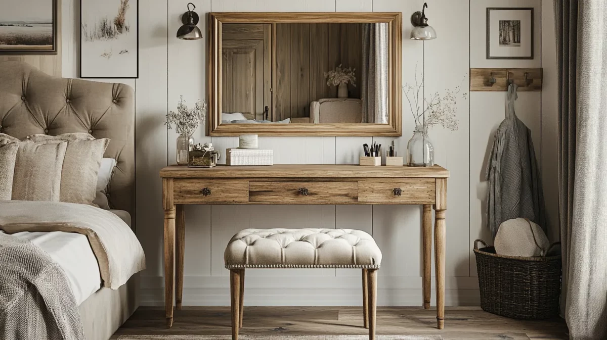 rustic wooden dressing table with mirror frame