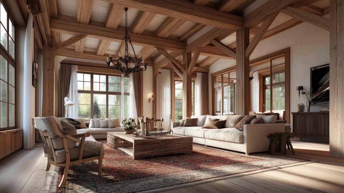 simple main hall fall ceiling design with wooden beam