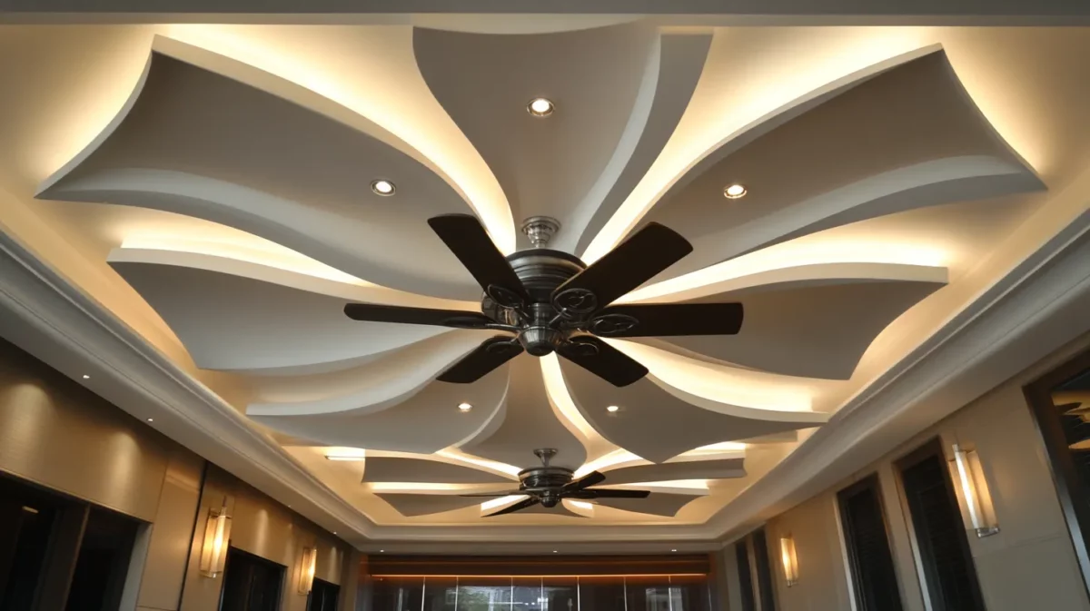 simple main hall false ceiling design with central fan