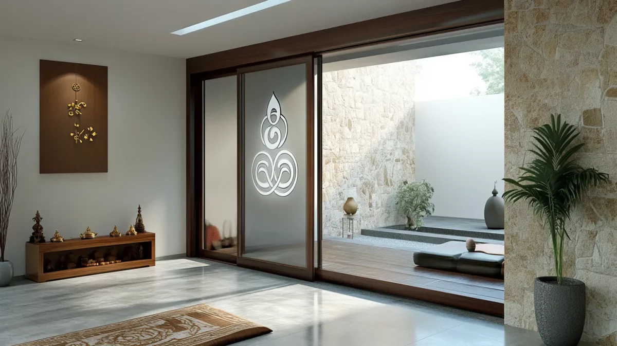 sliding glass pooja room door with om motif