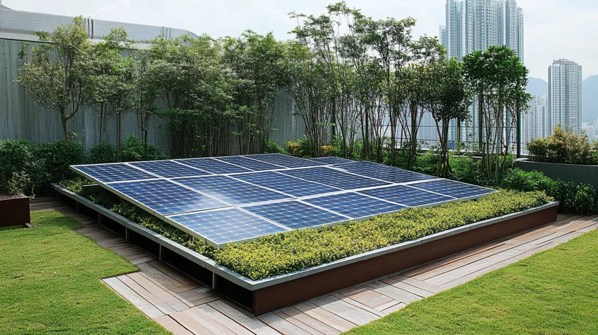 solar panels and solar powered lighting garden design in rooftop