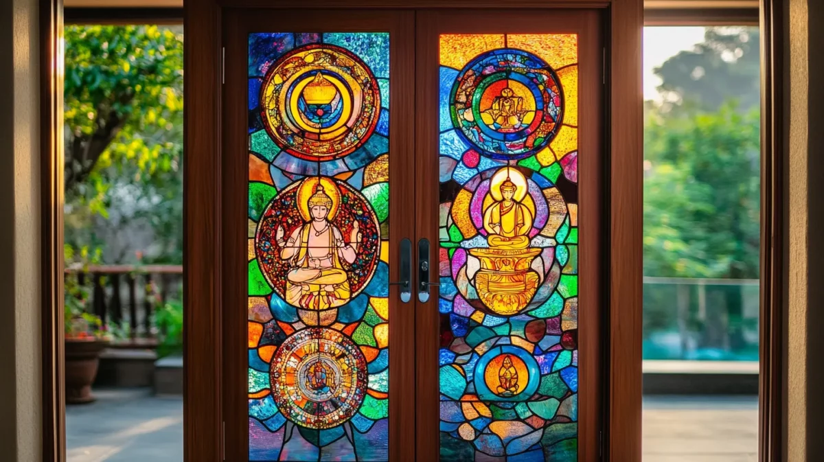 stained glass pooja room door with artistic religious