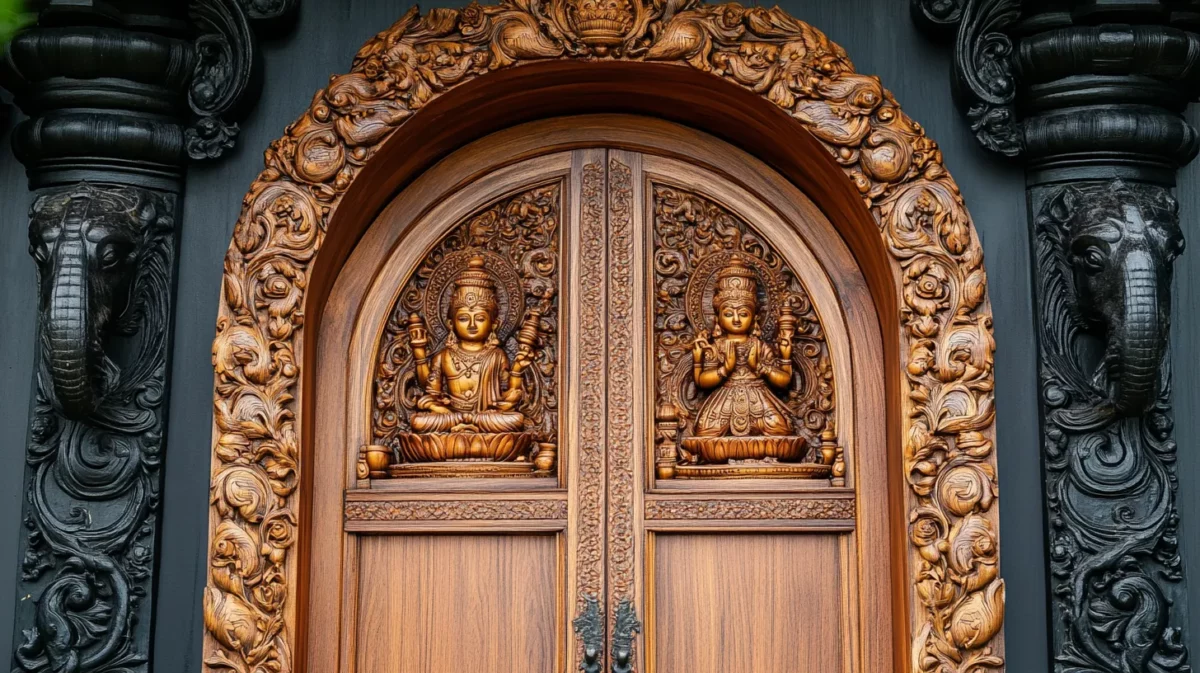 temple style wooden door with deity carvings