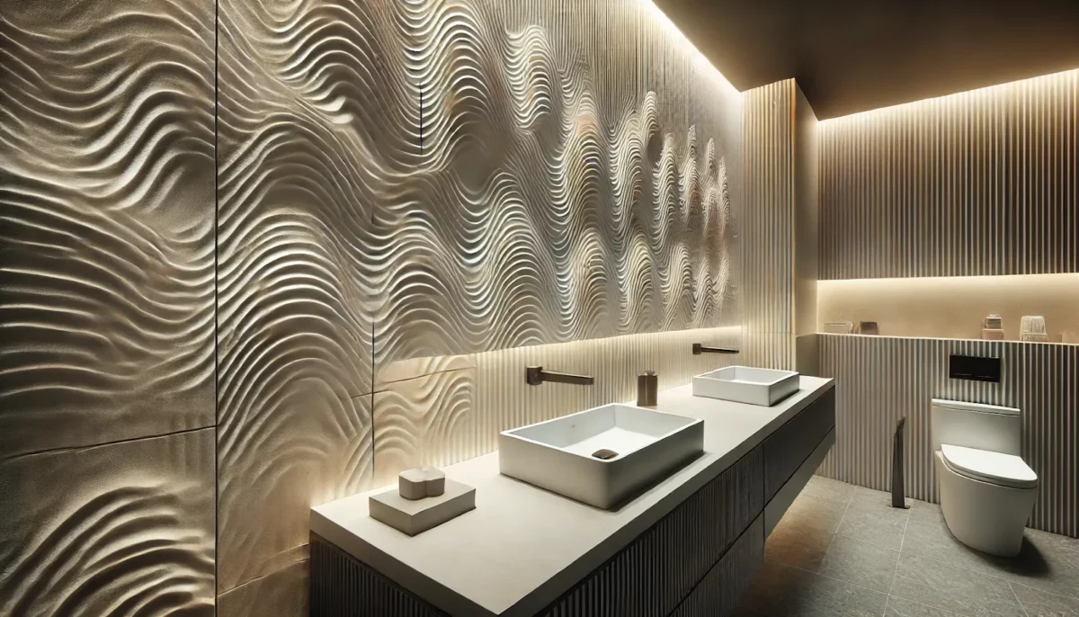 textured 3d tiles for a stylish hall wash basin