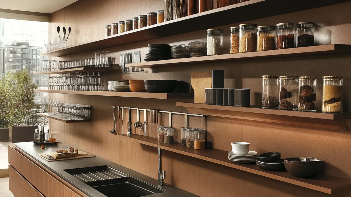 wall mounted storage and shelves cafe for small spaces