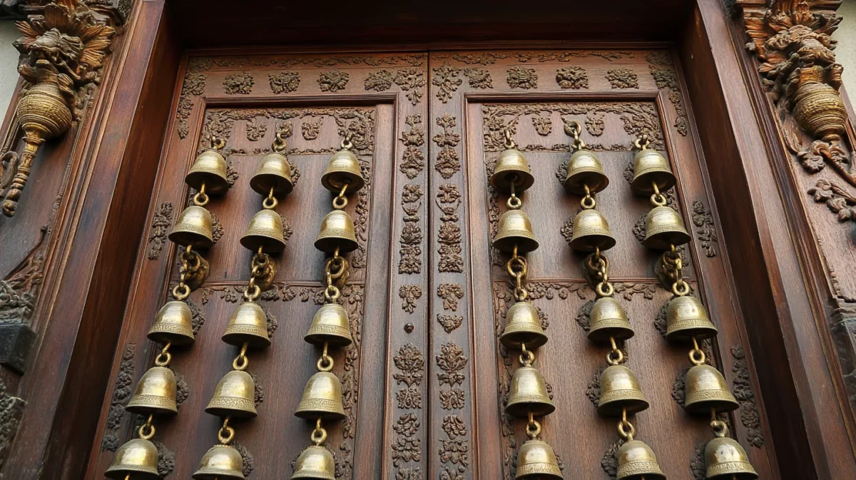 wooden door design for pooja room with brass bells