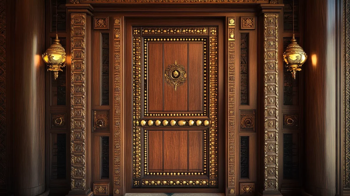 wooden door with brass inlays and sculpted panels