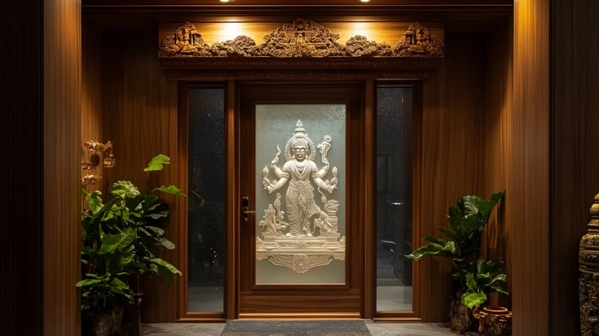 wooden frame for pooja room doors with frosted glass