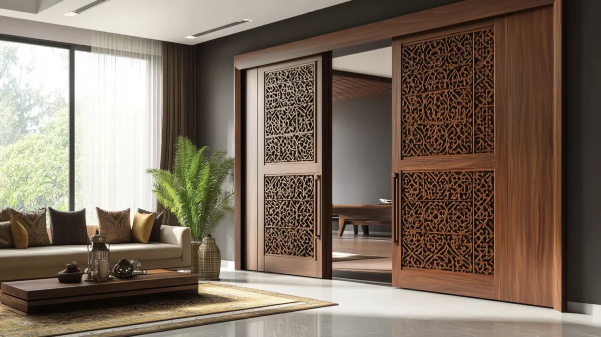 wooden sliding door for pooja room with etched patterns