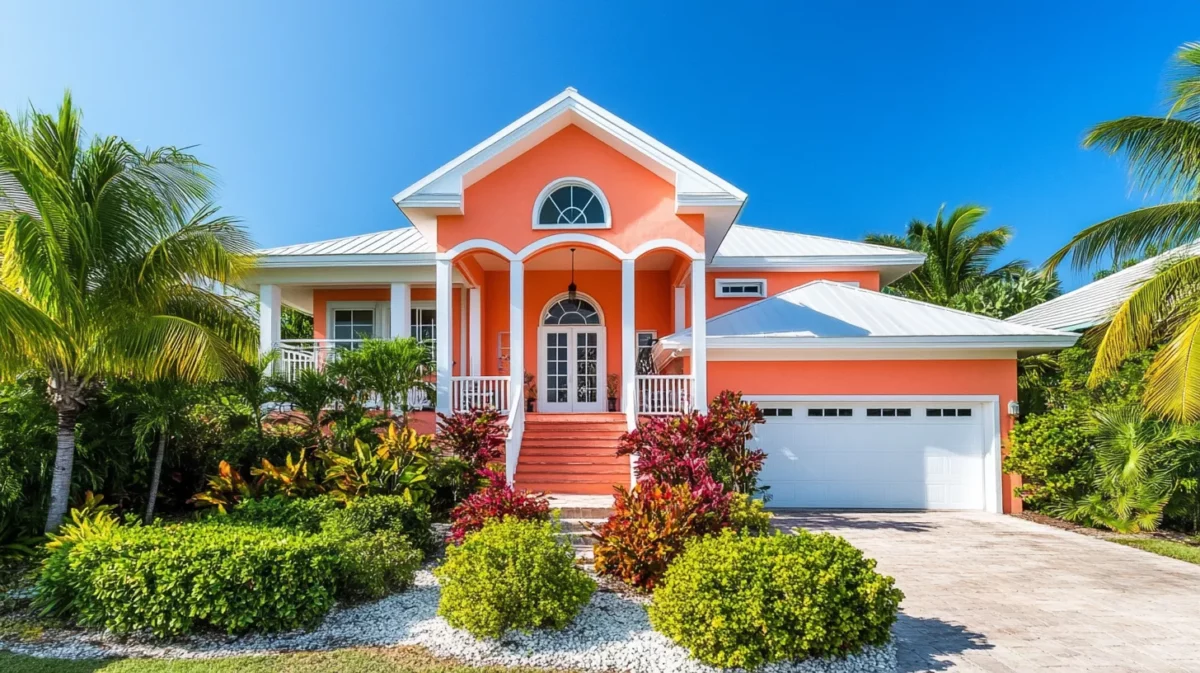 coral and white colour combination for house exterior painting