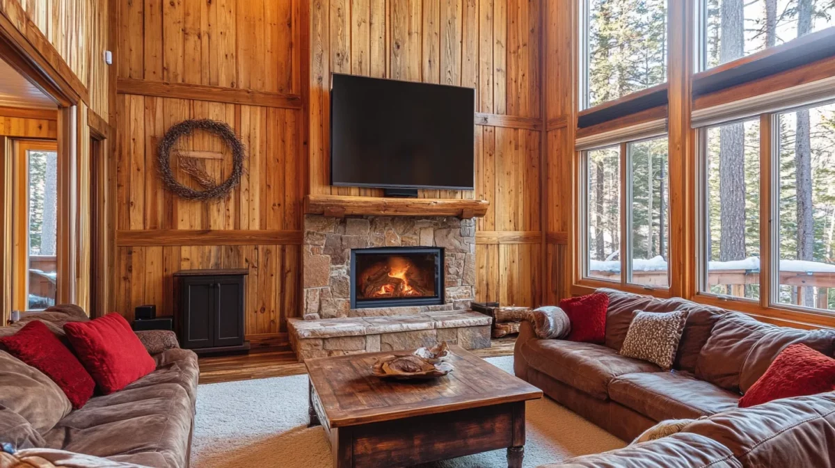 rustic vertical wooden wall panelling for living room